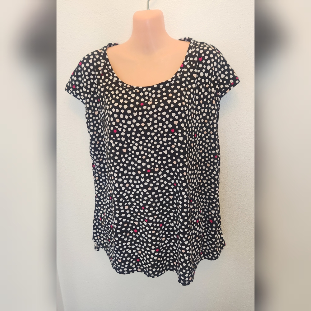 Elle Black and White Polka Dot Blouse with Pink Accents